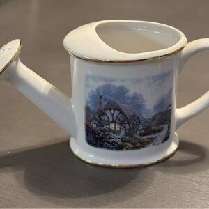 White Ceramic Watering Can with Cottage Scene